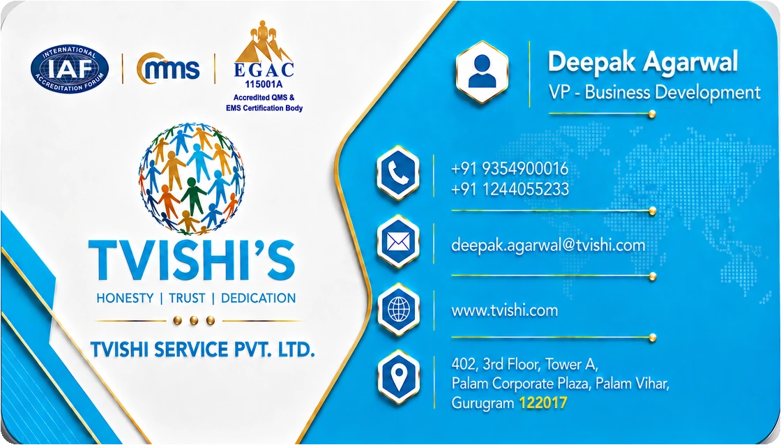TVISHI'S business card front - Deepak Agarwal, VP - Business Development